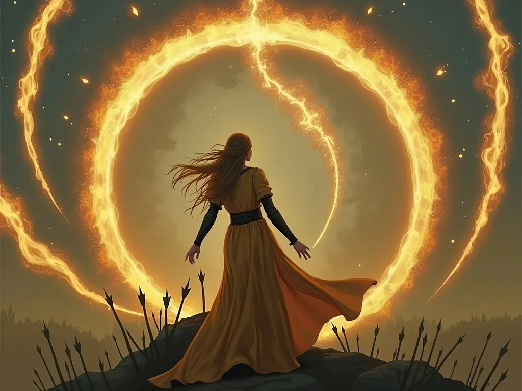 Prompt: Create a highly detailed fantasy illustration of a powerful sorceress dressed in medieval clothing, standing on a hill overlooking a battlefield. She is surrounded by a shimmering, almost translucent sphere of fire that glows with magical energy. Arrows shot at her strike the sphere and burn up in mid-air, creating an ethereal display of flames and light. Capture the epic, cinematic atmosphere of the scene, showcasing the intensity of battle alongside the sorceress's commanding presence and the intricate details of her clothing and the fiery sphere surrounding her. arrows in the sky fliing towards her, battlefield in the background, lots of arround stick in the ground around her