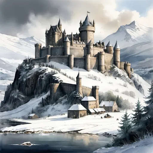 Prompt: an aquarelle illustration of Winterfell as he is described in the song of ice and fire books, "Winterfell is the ancestral castle and seat of power of House Stark and is considered to be the capital of the north. It is in the center of the northernmost province of the Seven Kingdoms, on the kingsroad that runs from Storm's End to the Wall. It is situated at the eastern edge of the wolfswood, north of the western branch of the White Knife and Castle Cerwyn. Winterfell is south of the northern mountains and southwest of Long Lake,[1] one hundred leagues (three hundred miles) southeast of Deepwood Motte.", hcr, uhd, very detailed, cinematic