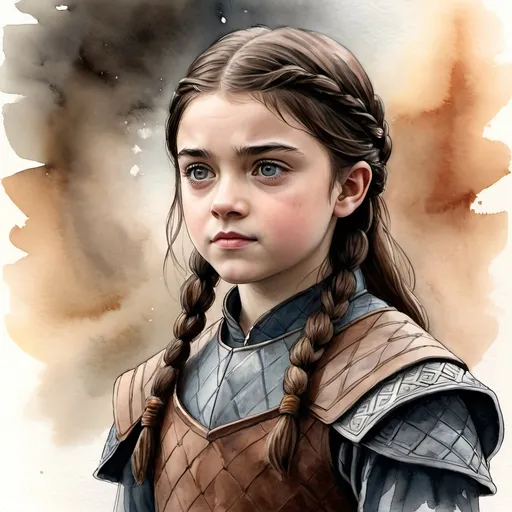 Prompt: an aquarelle illustration of Arya Stark as he is described in the song of ice and fire books, "Nine years old at the start of A Game of Thrones, Arya's appearance is more Stark than Tully, with a long face,[1] grey eyes,[22] and brown hair.[1] She is skinny and athletic. She is bullied over her looks by her sister and the other girls at Winterfell who call her "Arya Horseface",[1] and is often mistaken for a boy.[23][3] However, other characters like Ravella Smallwood and the kindly man describe her as pretty.[11][16] Eddard says Arya looks like her beautiful late aunt, Lyanna Stark[2] and when Bran Stark sees a vision of a girl who could be Lyanna, he describes her as looking like Arya.[24] Arya is a spirited girl interested in fighting and exploration, unlike her older sister, Sansa. Arya wants to learn how to fight with a sword, to the horror of Sansa, who enjoys the more traditional pursuits of a noblewoman.", hcr, uhd, very detailed, cinematic