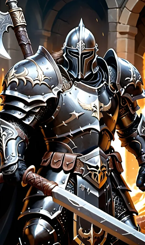 Prompt: a detailed character portrait of a tortured paladin, wearing black armor and a massive two handed war axe, very detailed, ultra hd, professional, best quality