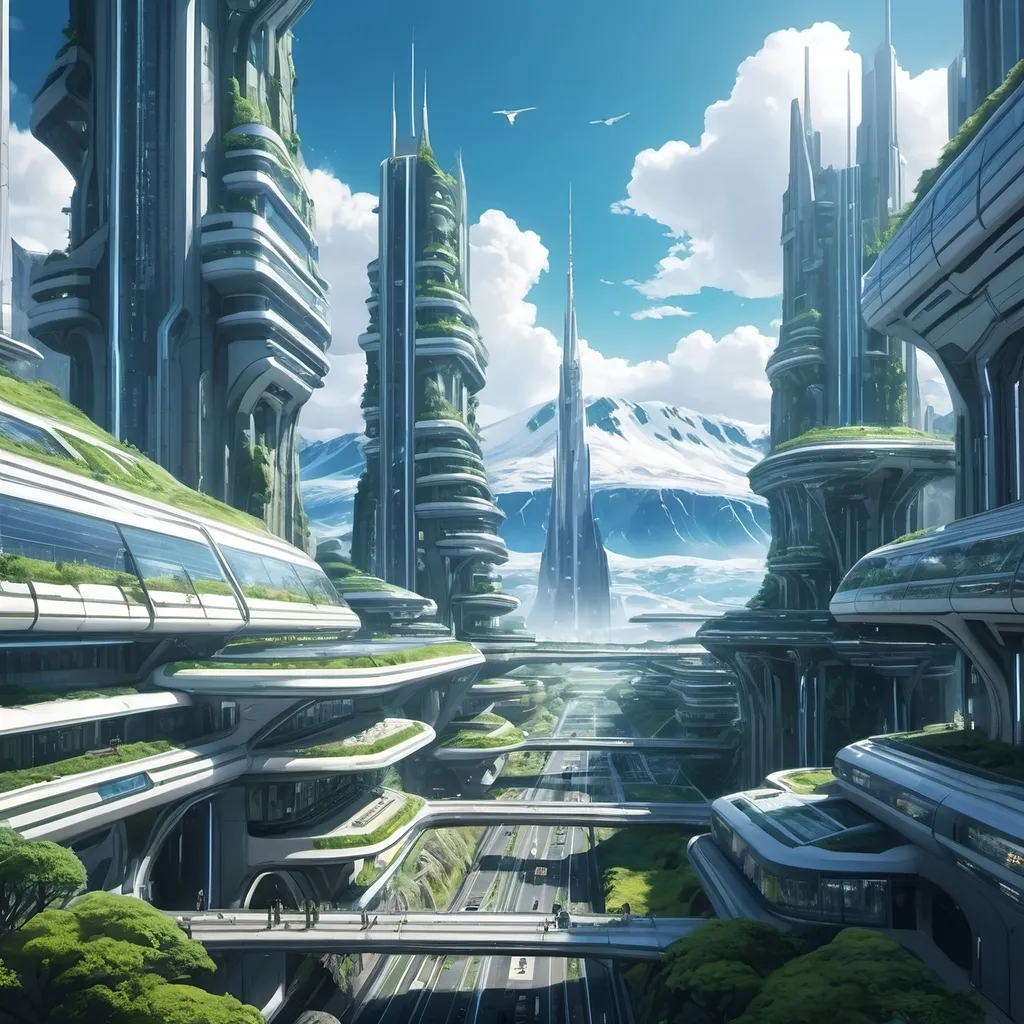 Prompt: anime artstlye, a big futuristic city on a planet thats nature is inspired by iceland, human city, ruled by a mega corp, very detailed, macro perspectiv, cinematic