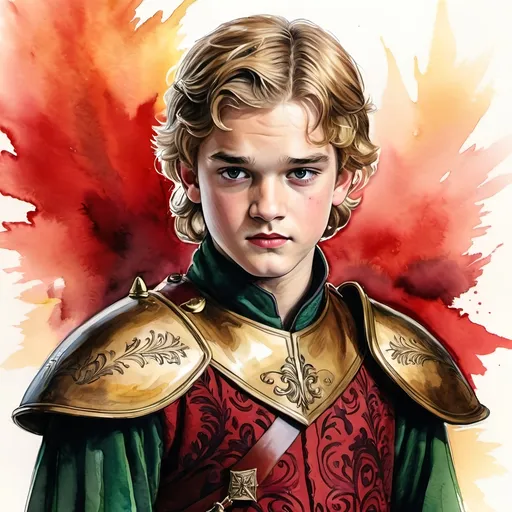 Prompt: an aquarelle illustration of Prince Joffrey Baratheon as he is described in the song of ice and fire books, "Joffrey has the Lannister look[12] and is tall for a boy his age, with blond curly hair.[13] Known to be handsome,[14] he has deep green eyes and pouty lips.[13] Jon Snow thinks that Joffrey looks like a girl.[14]
Twelve years old at the beginning of A Song of Ice and Fire,[13] Joffrey was strong-willed as a child.[15] Although he can be gallant[14] and courteous,[16] he has an uncontrollable temper not unlike his mother, Queen Cersei Lannister, and an unchecked sadistic streak.[17] He has little sense of right or wrong, which often leads him to trouble, especially when he loses his temper. When things go wrong, Joffrey blames the problems on others. Despite being willful he is reckless, vicious, cruel and not particularly intelligent, all of which combine to make him prone to irrational and bad judgements.", hcr, uhd, very detailed, cinematic