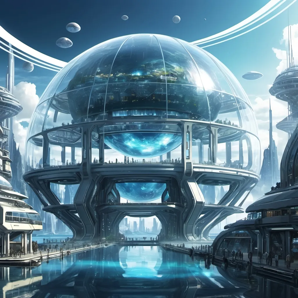 Prompt: Anime artstyle, futuristic, cinematic, high tech human science fiction city on an ocean planet, enormous Glas dome, very detailed 