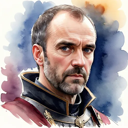 Prompt: an aquarelle illustration of Stannis Baratheon as he is described in the song of ice and fire books, "Like his brothers, Robert and Renly, Stannis is a large man - tall, broad-shouldered, and sinewy.[15] Jon Snow notes that Stannis towers over him.[16] Stannis has dark blue eyes and a heavy brow. His head has only a fringe of black hair "like the shadow of a crown", and he has a close-cropped beard across his large jaw.[15] His face has a tightness to it like cured leather, and he has hollow cheeks, and thin, pale lips.[15] He grinds his teeth regularly.[15][9][17]

Stannis is a serious, stubborn, rarely-forgiving, hard man with a strong sense of duty and justice.[18][19][20][21][11][9][7] He is proud and protective of his honor.[22][9][23][24] Stannis is an accomplished commander, sailor, and warrior[19] with no thirst for battle, instead commanding from the rear.[25] He has never had the affection of nobles or smallfolk.[15][9][26][27] In his adult life, Stannis is increasingly embittered by the lack of affection he receives from Robert, even though he serves the king as well as he can.[15][13] ", hcr, uhd, very detailed, cinematic