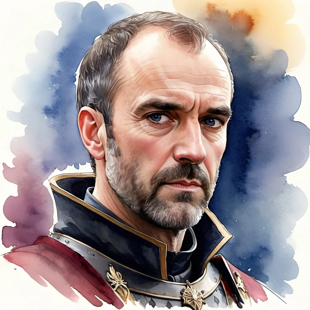 Prompt: an aquarelle illustration of Stannis Baratheon as he is described in the song of ice and fire books, "Like his brothers, Robert and Renly, Stannis is a large man - tall, broad-shouldered, and sinewy.[15] Jon Snow notes that Stannis towers over him.[16] Stannis has dark blue eyes and a heavy brow. His head has only a fringe of black hair "like the shadow of a crown", and he has a close-cropped beard across his large jaw.[15] His face has a tightness to it like cured leather, and he has hollow cheeks, and thin, pale lips.[15] He grinds his teeth regularly.[15][9][17]

Stannis is a serious, stubborn, rarely-forgiving, hard man with a strong sense of duty and justice.[18][19][20][21][11][9][7] He is proud and protective of his honor.[22][9][23][24] Stannis is an accomplished commander, sailor, and warrior[19] with no thirst for battle, instead commanding from the rear.[25] He has never had the affection of nobles or smallfolk.[15][9][26][27] In his adult life, Stannis is increasingly embittered by the lack of affection he receives from Robert, even though he serves the king as well as he can.[15][13] ", hcr, uhd, very detailed, cinematic