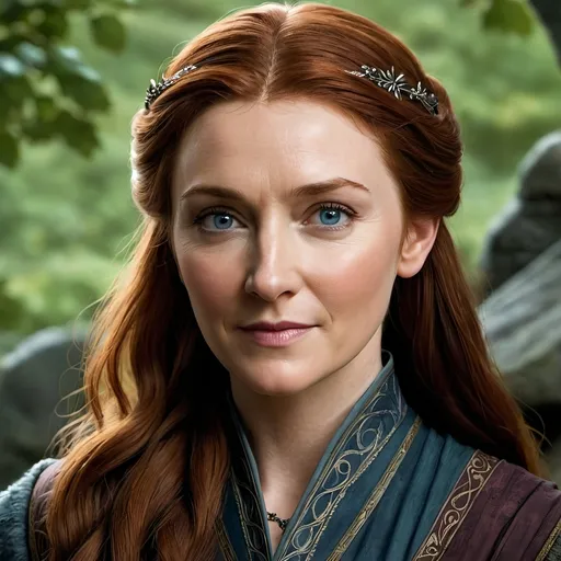 Prompt: an illustration of Catelyn Stark from game of thrones as described in the books, Catelyn is beautiful,[14] with fair skin, long auburn hair and blue eyes.[15][2][16][17][18][19][20][21] She has long fingers[22] and high cheekbones.[23] Catelyn resembles her own mother, Minisa Whent.[24] Her own sons Robb, Bran and Rickon, and daughter Sansa take after Catelyn in their coloring.[15][16][23] Catelyn is a head shorter than her younger brother, Ser Edmure,[25] and slightly taller than her eldest child, Robb.[18] Catelyn tries to follow the words of House Tully, "Family, Duty, Honor."[3] She is proud, honorable, and honest,[26] although some think she looks down on smallfolk.[27][25] Catelyn is peaceful[13] and holds duty over desire as a governing principle of behavior,[28][29][30] but she is fiercely protective of her beloved family.[16][14][31] She is wise[12] and cunning, hcr, uhd, very detailed