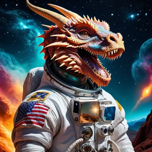 Prompt: Un astronaute porte le drapeau algérien et apprivoise un dragon