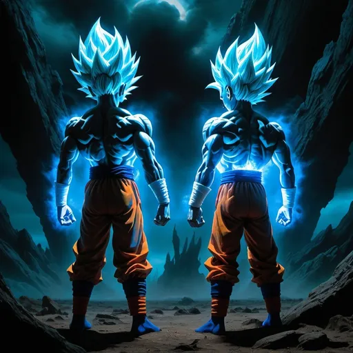 Prompt: Envision Goku and Vegeta in their Super Saiyan Blue forms, reimagined through the haunting, dystopian lens of Zdzisław Beksiński. In this eerie rendition, the vibrant, powerful auras of their transformations are tinged with an unsettling, ghostly glow. Their hair, usually bright and energetic, is now a dark, ethereal blue, flickering like ghostly flames.

Goku and Vegeta's muscular forms are clad in tattered, otherworldly versions of their battle suits, covered in intricate, shadowy patterns that suggest a sense of decay and otherworldliness. Their eyes, usually filled with determination and resolve, are now hollow and spectral, reflecting an eternal struggle against an unseen, malevolent force.

The setting is a desolate, crumbling wasteland, with twisted, skeletal structures rising from the shadows. The ground is cracked and uneven, with eerie, pulsating tendrils of energy snaking through the terrain. In the background, a massive, decaying version of a Saiyan pod lies half-buried, its surface covered in mysterious, dark symbols.

Capture the essence of Beksiński's surreal and unsettling art style in this reimagined portrayal of Goku and Vegeta, highlighting the fusion of the grotesque and the powerful, creating a hauntingly beautiful and dark vision. The overall atmosphere should evoke a sense of eerie wonder, where the familiar becomes strange and the powerful becomes hauntingly ethereal.