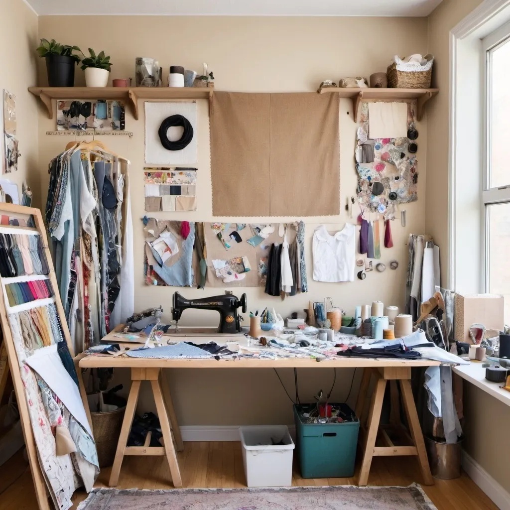 Prompt: "A creative workspace with materials and tools for upcycling fashion, including fabric scraps, sewing machines, and inspirational mood boards."