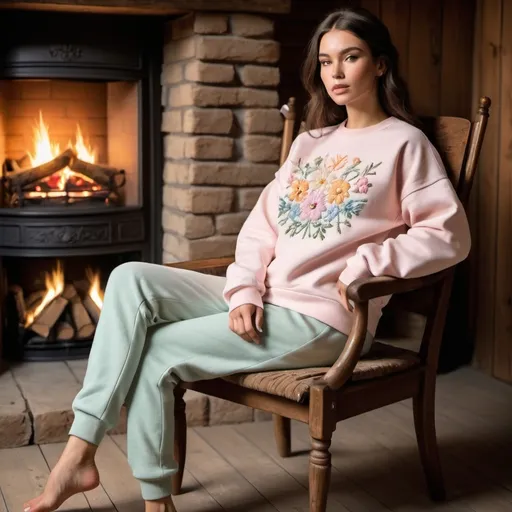 Prompt: A cozy sweatshirt with intricate floral embroidery in pastel colors, draped over a rustic wooden chair next to a warm, glowing fireplace."