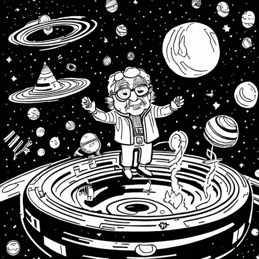 Prompt: Coloring page of a grandfather celebrating 70th birthday inside a black hole in space.