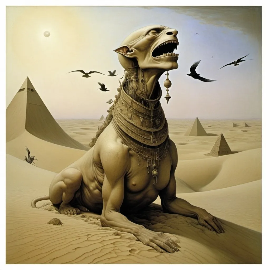 Prompt: alchemy, strange beast, fear,Yeats, archetype,sphinx, crawling, Beksinski,desert,sand dunes, bosch,birds,  
