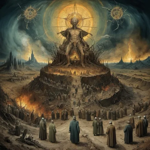 Prompt: a post apocalypic image with lots of images of  destucion  of the transforrmation of the gods from the viewpoint of carl jung and archeyples in the style of bosch beksinsk
and van gogh  


