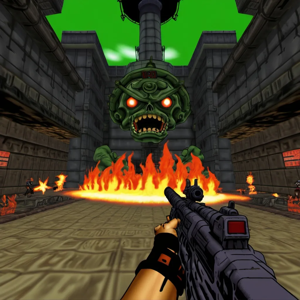Prompt: A *One Piece*-themed *DOOM* (1993) screenshot would show a first-person view of a marine base or fiery battlefield. The player’s weapon—like Luffy’s fist or Zoro’s swords—sits at the bottom, with enemies such as Marines or Pacifistas mid-attack. The HUD displays health, ammo, and a grinning melting Luffy face. *One Piece*’s bright colors mix with *DOOM*’s gritty textures for a chaotic crossover feel.