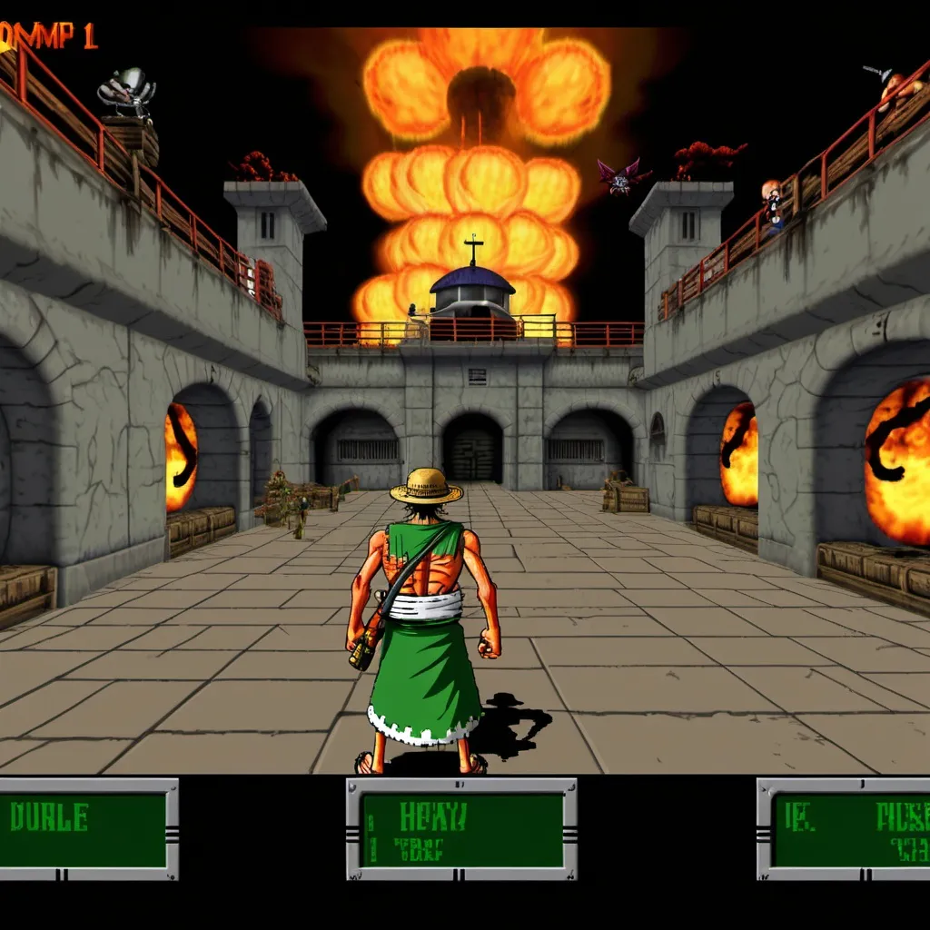 Prompt: A *One Piece*-themed *DOOM* (1993) screenshot would show a first-person view of a marine base or fiery battlefield. The player’s weapon—like Luffy’s fist or Zoro’s swords—sits at the bottom, with enemies such as Marines or Pacifistas mid-attack. The HUD displays health, ammo, and a grinning melting Luffy face. *One Piece*’s bright colors mix with *DOOM*’s gritty textures for a chaotic crossover feel.