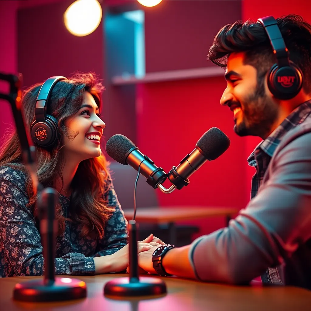 Prompt: (beautiful girl), engaging in a lively conversation with Ranveer, setting a dynamic and cheerful atmosphere, (podcast studio), warm and inviting lighting, stylish microphones in use, rich color contrasts enhancing the scenario, focus on facial expressions, upbeat ambiance, highly detailed (photorealistic), capturing moments of laughter and intellectual exchange, high quality, 4K resolution, emphasizing the bond of discussion.