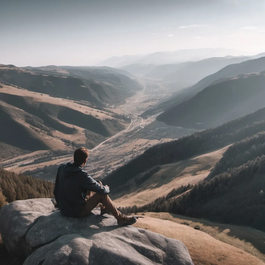 Prompt: Man sitting on a rock high up in a mountain overlooking a valley