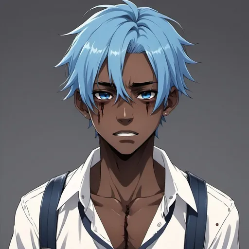 Prompt: a blue hair blackskin school boy anime with scars and rips in his shirt