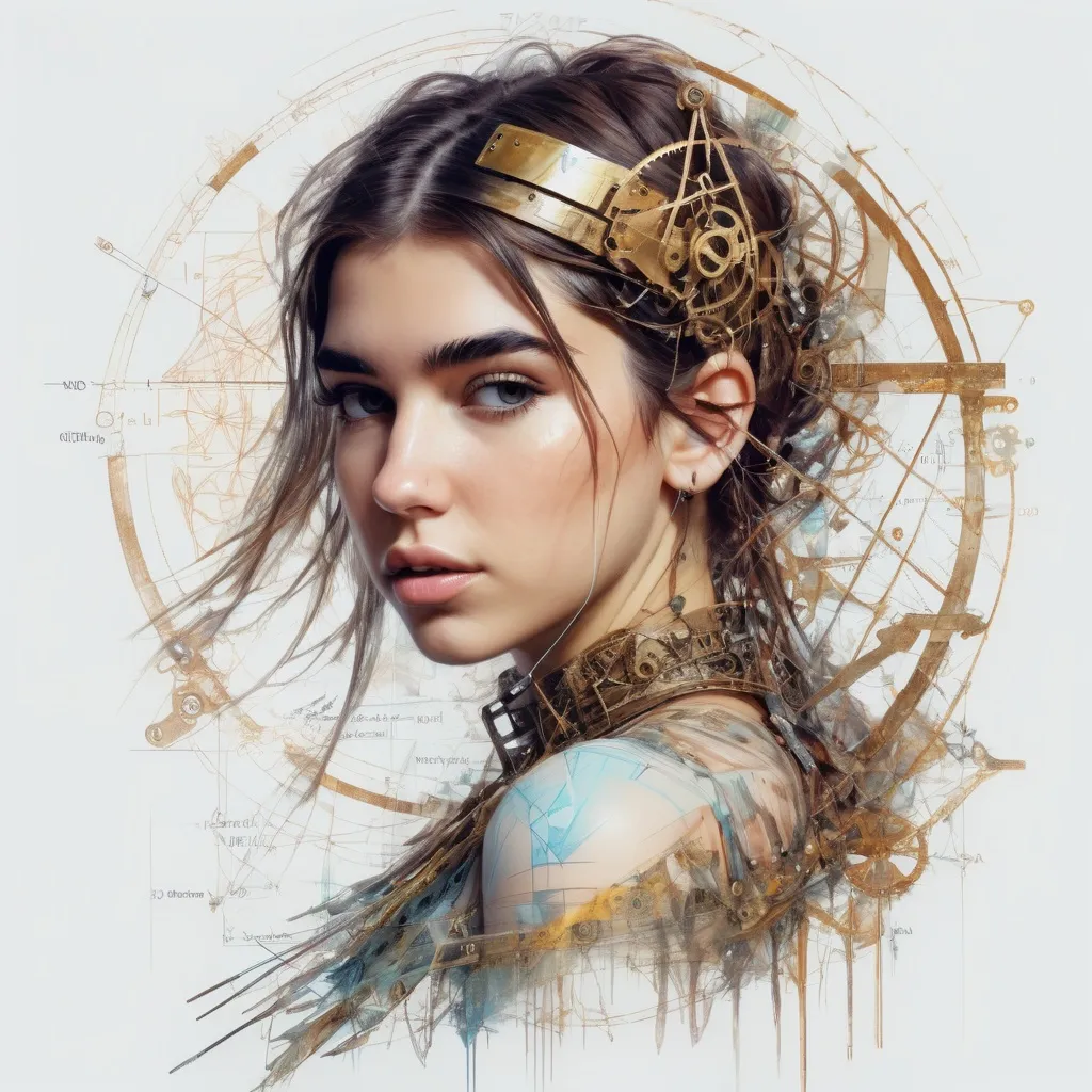 Prompt: Magical Mathematics two parts in one art double exposure otherworldly Steampunk Angel, Dua Lipa, Complex Numbers, math, formulas trigonometry geometry & tribal symbols movie composition Golden Ratio best quality Carne Griffiths Ralph Horsley cute,