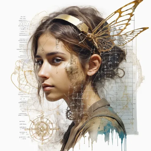 Prompt: Magical Mathematics two parts in one art double exposure otherworldly Steampunk Angel, Naomi Scott, Complex Numbers, math, formulas trigonometry geometry & tribal symbols movie composition Golden Ratio best quality Carne Griffiths Ralph Horsley cute,