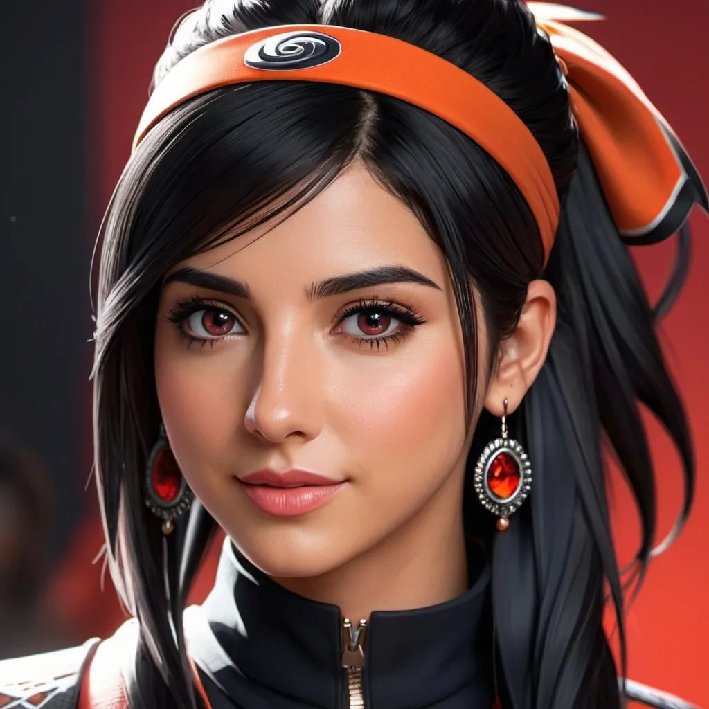 Prompt: ((best quality)), ((illustration)), ((masterpiece)),Naomi Scott, bright colors, unreal engine, highres, 1 middle aged woman, red eyes, black hair, long hair, naruto ninja headband; highly detailed