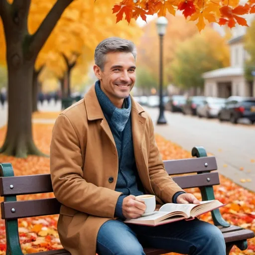 Prompt: Create an image of a man with a gentle smile, sitting on a park bench surrounded by colorful autumn leaves, reading a book and sipping on a cup of coffee.