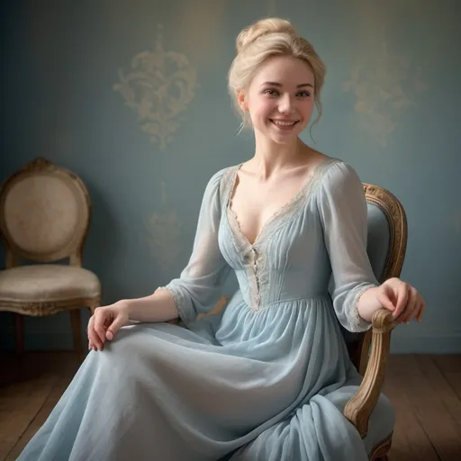 Prompt: A pale and blonde haired- her hair is put up- pretty woman sitting in a chair with her arms elegantly raised and gently smiling. Wearing a pale blue 18th century style Chiffon dress  