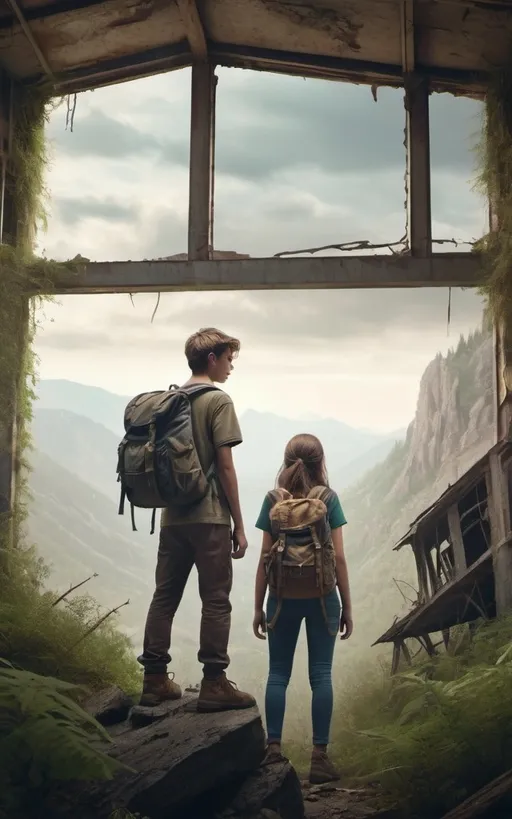 Prompt: semi-realistic photo illustration of a teenage boy and girl [about 18] in the wilderness looking worried and facing away from the front of the book cover. They have hiking backpacks and are in a post-apocalyptic semi-abandoned and dangerous north america.