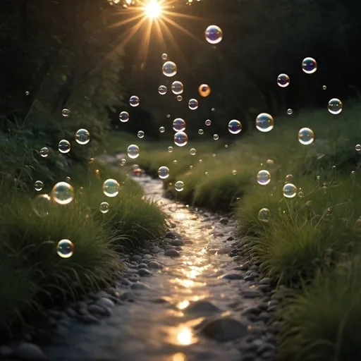 Prompt: A stream of light rights, carrying small glowing bubbles. Each bubble has a personality, a speed , a life span and are all travelling with purpose. But that one little "packet" of information, is looking troubled and seems to have lost its way and destination.