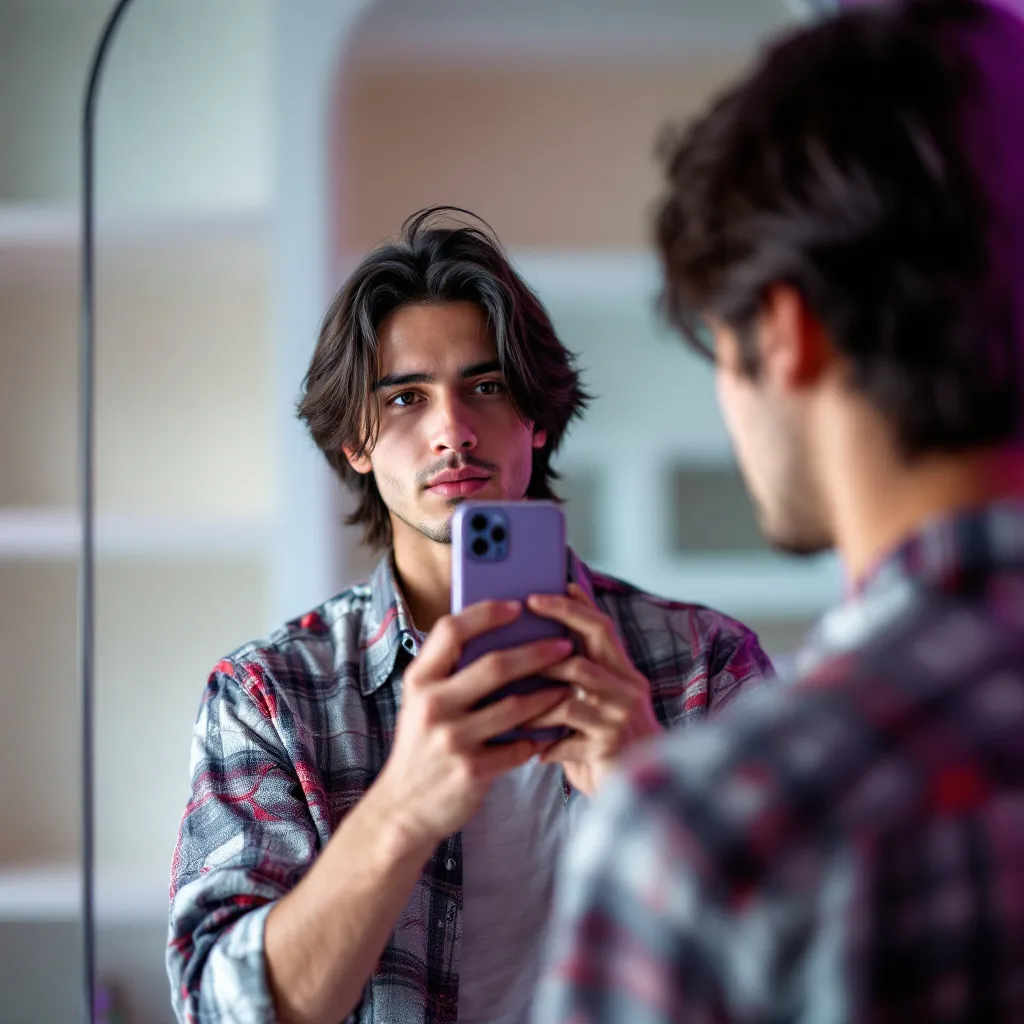 Prompt: In a brightly lit room, a young man gazes at his reflection while holding a smartphone, capturing a moment of self-admiration. He has straight, dark hair that falls to the sides, and his expression is a mix of contemplation and confidence. Dressed in a colorful patterned shirt that combines shades of grey, red, and white, he stands slightly tilted, emphasizing the casual yet stylish vibe of the scene. The background is softly blurred, showcasing light-colored shelves that suggest a modern, minimalistic aesthetic, while a warm purple hue permeates the space, enhancing the overall ambiance. This intimate snapshot echoes a narrative of self-reflection and style.