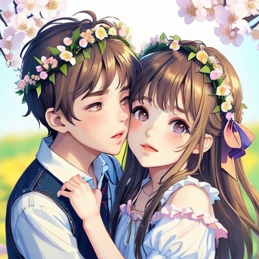 Prompt: boy girl love spring flower crown