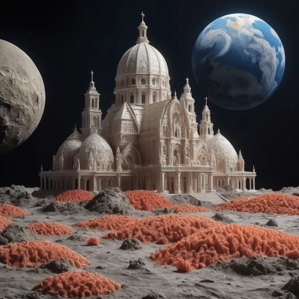 Prompt: rennaissance cathedral made of coral on surface of moon with earth in background 