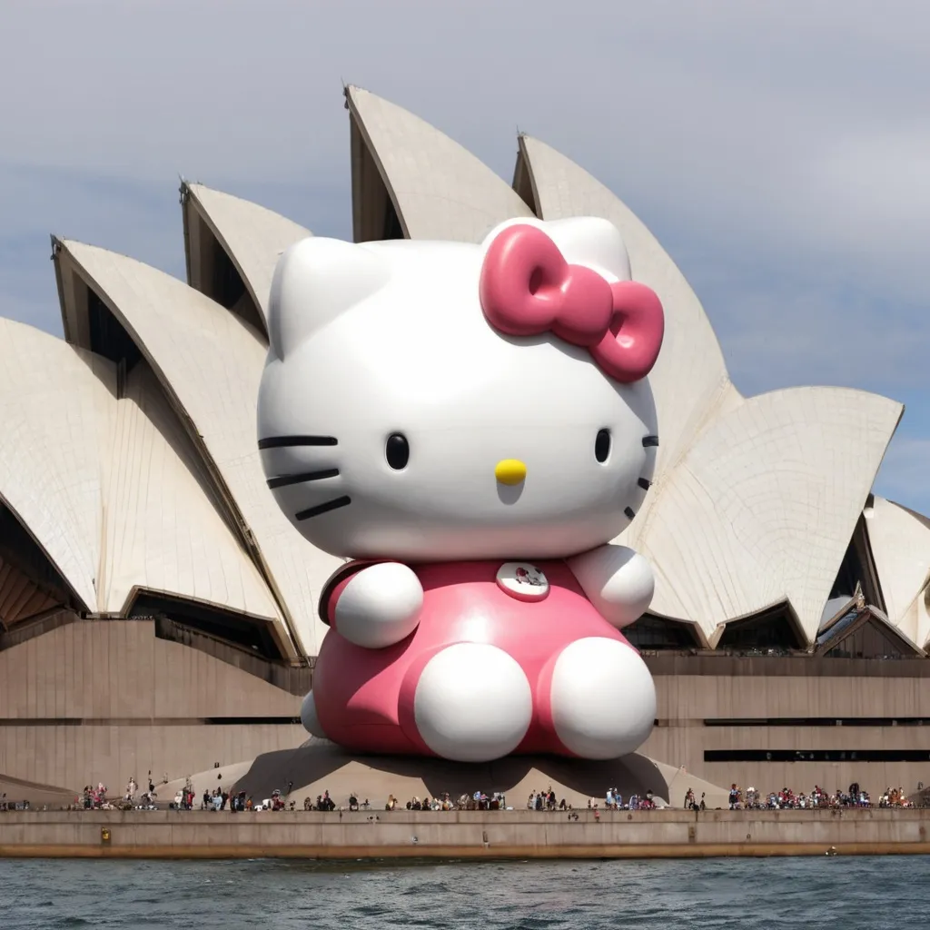 Prompt: giant stone statue of hello kitty towering over sydney opera house

