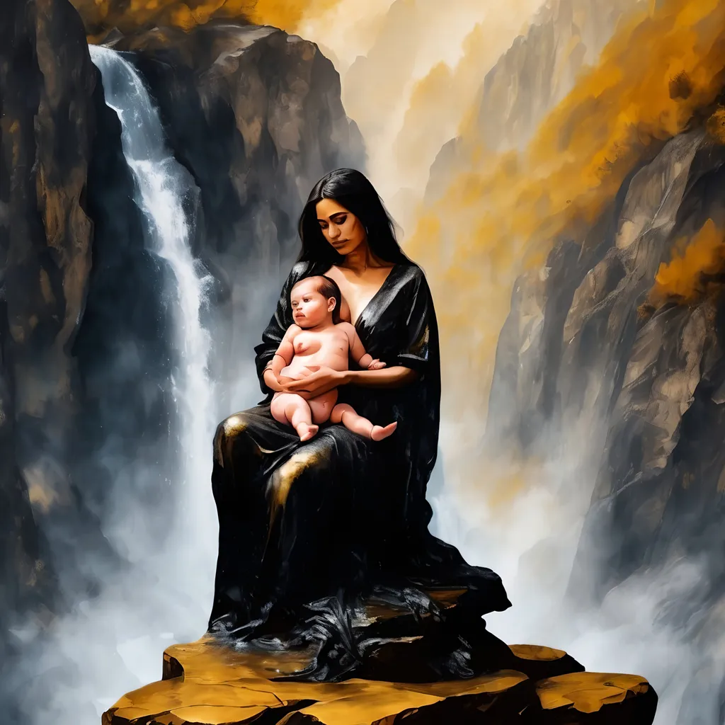 Prompt: Paint a woman in golden black shades sitting on a big rock carrying a baby in impasto style, the backdrop is that of a mountain waterfall painted in fresco style of Leonardo da Vinci the water is falling from a very high source and there is psychedelic mist where the water is falling, Rocky bed, the painting is signed by subodh in Gothic 