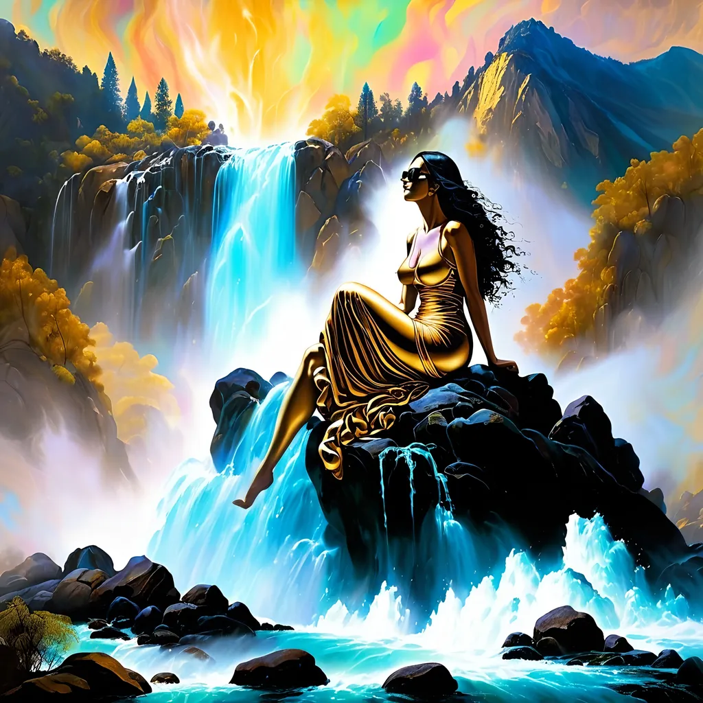 Prompt: Paint a woman in golden black shades sitting on a big rock contemplating, the backdrop is that of a mountain waterfall painted in fresco style of Leonardo da Vinci the water is falling from a very high source and there is psychedelic mist where the water is falling, Rocky bed, the painting is signed as subodh in Gothic 