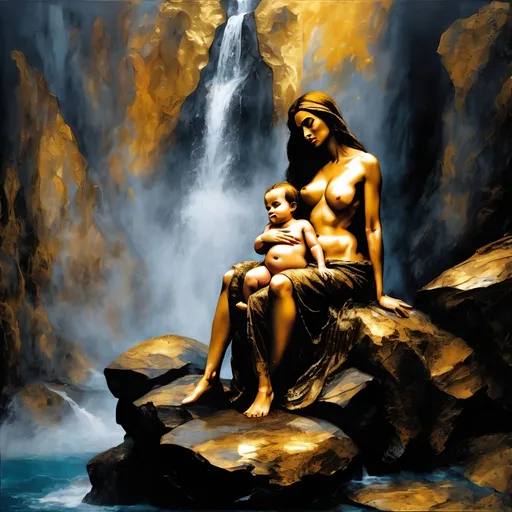 Prompt: Paint a woman in golden black shades sitting on a big rock carrying a baby in impasto style, the backdrop is that of a mountain waterfall painted in fresco style of Leonardo da Vinci the water is falling from a very high source and there is psychedelic mist where the water is falling, Rocky bed, the painting is signed by subodh in Gothic 