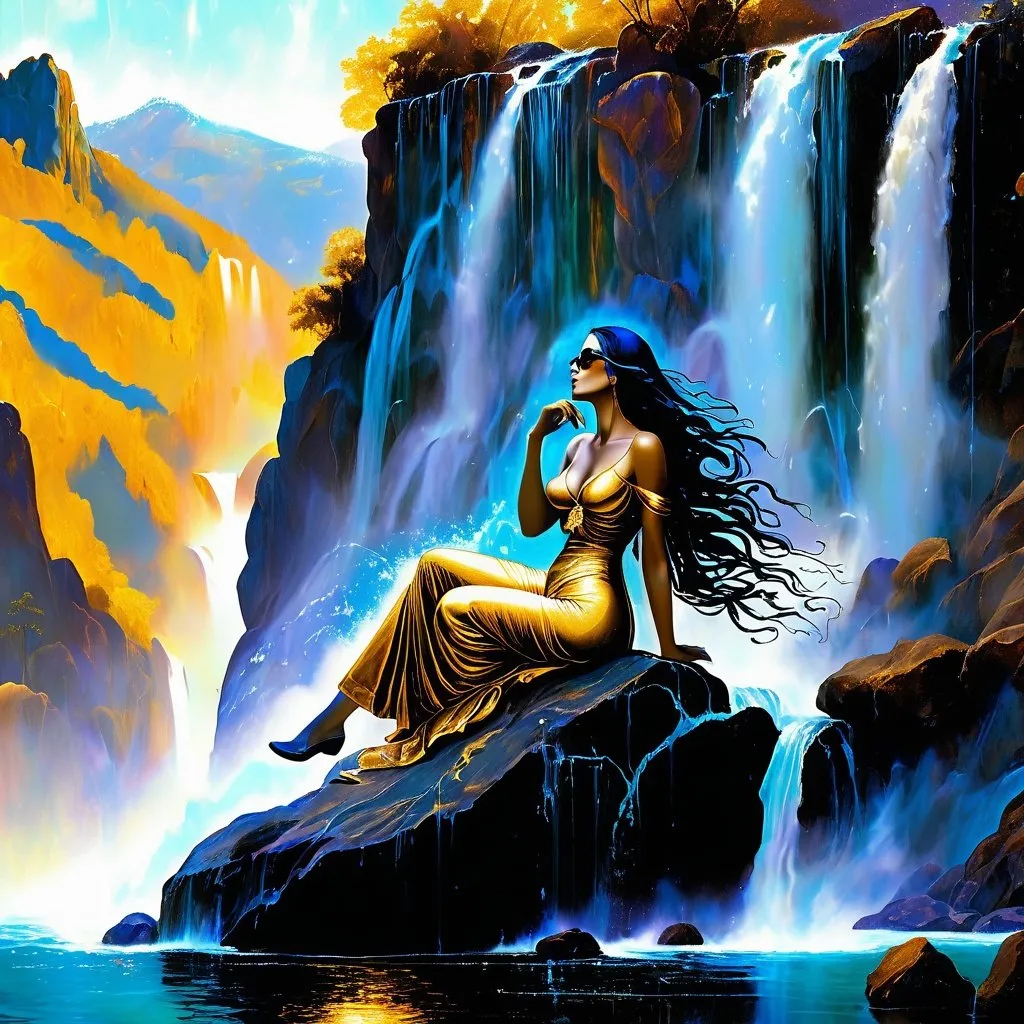 Prompt: Paint a woman in golden black shades sitting on a big rock contemplating, the backdrop is that of a mountain waterfall painted in fresco style of Leonardo da Vinci the water is falling from a very high source and there is psychedelic mist where the water is falling, Rocky bed, the painting is signed as subodh in Gothic 