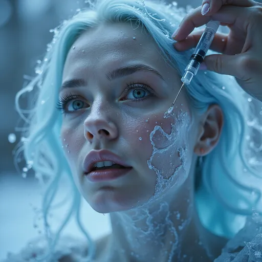 Prompt: ice woman, surreal scene, dynamic perspective, close-up focus on graceful features, icy texture, ethereal glow, injecting her face with a syringe, emotionless expression, cold blue tones contrasting with sharp silver, dreamlike atmosphere, high detail, 4K quality, fantasy art style, hauntingly beautiful aesthetic, surrealism masterpiece, tranquil yet unsettling vibe.