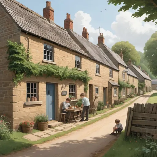 Prompt: Illustrate a serene village scene with Liam and his family, capturing the idyllic atmosphere before the onset of war."
