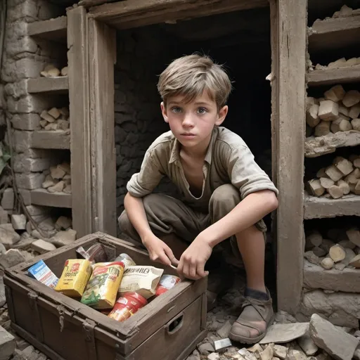 Prompt:  Show a young boy discovering a large cache of food supplies in a broken ruin hidden in a chest, bringing a glimmer of hope to his village as it has just been tore apart by the invasion of the war.

