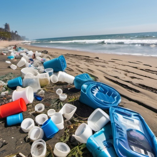 Prompt: tons of single use plastic piles on ocean shore come with waves