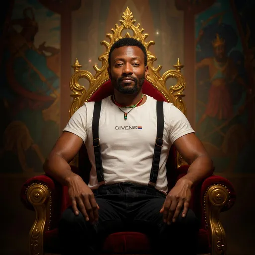Prompt: Kwaw Andoh sitting in this throne with his arms on both sides.The photo size should be 1:1.Make no change,do you hear?