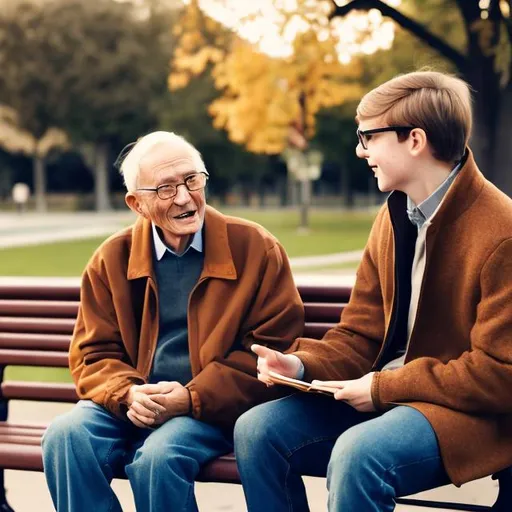Prompt: one nice old man with glasses hair talks with one nice young man with brown hair on a bench. ONLY ONE HAS BROWN HAIR