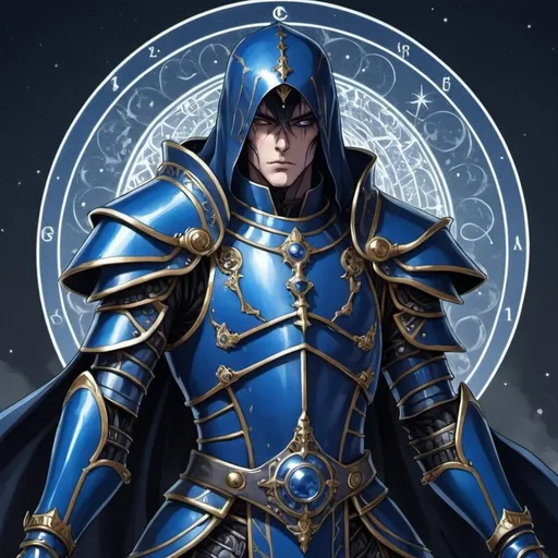 Prompt: tarot card Anime illustration, a dark sorcerer, wearing a blue steel armor
