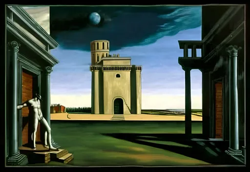 Prompt: a painting of a man on a ladder in front of a tower with a sky background and a door leading to another building, Giorgio De Chirico, massurrealism, matte painting, a matte painting