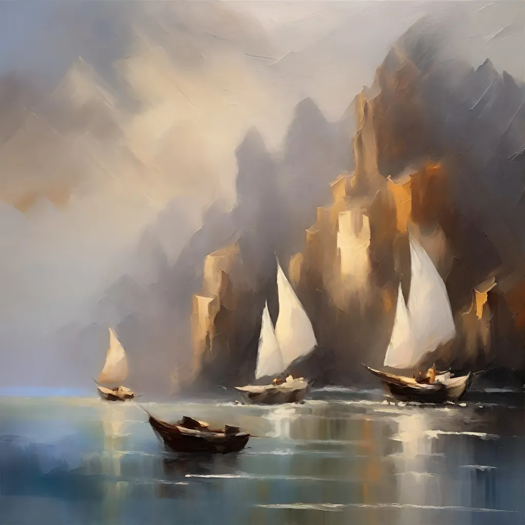 Prompt: Oil paint white sails on the sea, soft landscape, temples, cypresses and cliffs on the background, dramatic and mysterious atmosphere, strokes,rough edges,muted colors,.warm lighr