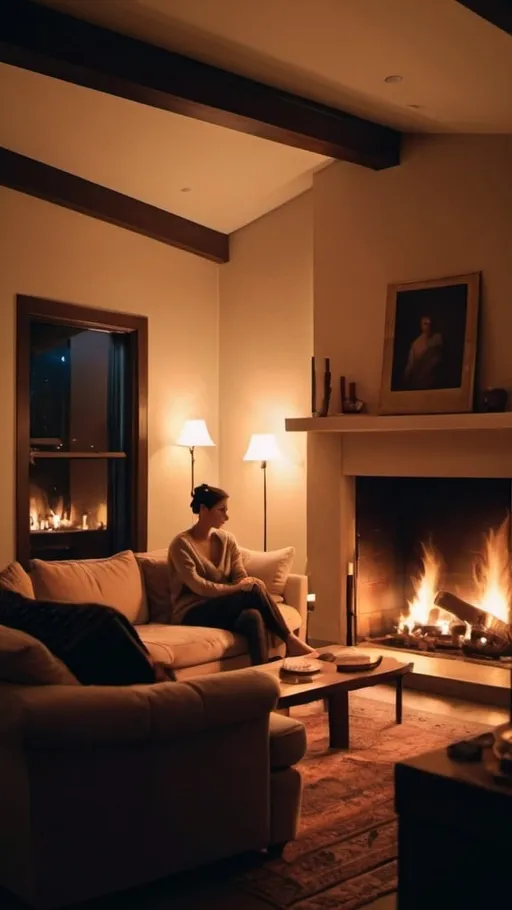 Prompt: a spacious living room, dim lights, a burning fireplace, a lover sitting on the couch