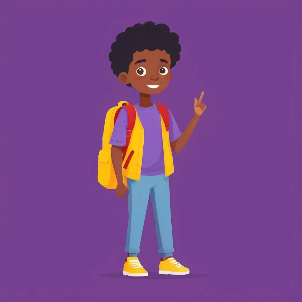 Prompt: Flat illustration a black teen boy with book bag saying hey, simple forms, simple shapes, vector, minimalism, calm background, purple, mustard and red colors, standing, full body