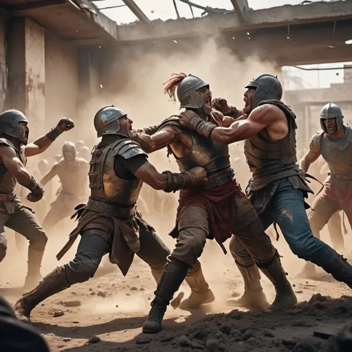 Prompt: (dynamic scene of many people fighting each other), intense action, (chaotic movement), expressions of determination and rage, vivid colors, dynamic poses, detailed clothing and armor, (high energy atmosphere), gritty backgrounds, dust and debris in the air, cinematic lighting, (epic scale), (4K resolution), ultra-detailed, tension-filled composition.