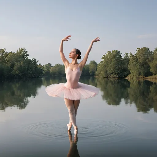 Prompt: A beautiful, graceful girl wearing a ballet outfit standing in the middle of a lake of water